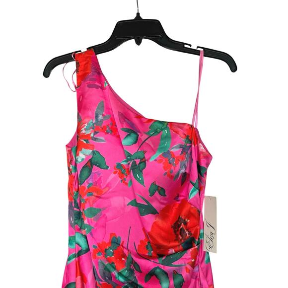 NWT Eliza J Petite Floral Satin Asymmetric-Hem Midi Dress Pink Multicolor Size 6 - Picture 5 of 9